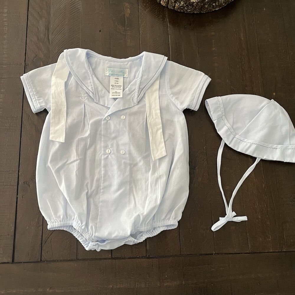 Petit Ami Blue Sailor Collar Knot Romper 3 Months 3M Hat Baby Boys Bubble